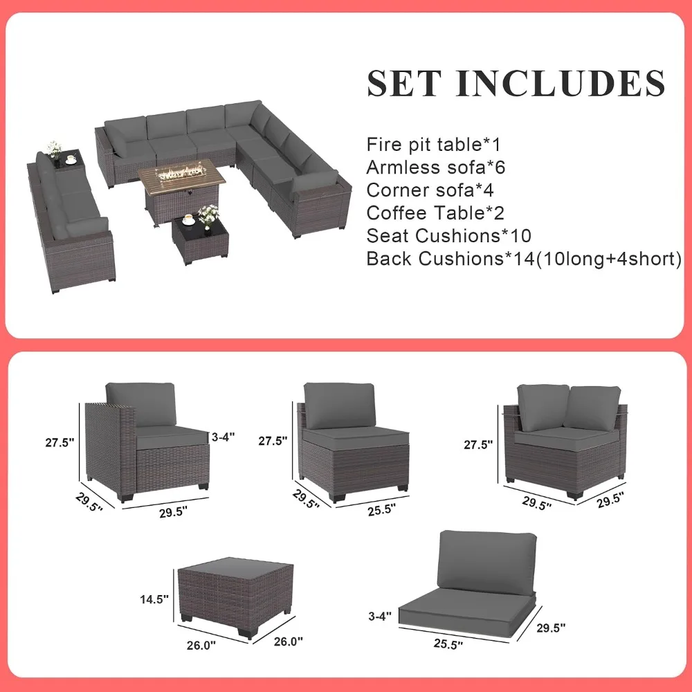 13 Pieces Patio Furniture Set with Fire Pit Table, All Weather PE Rattan Outdoor Sofa with 29.5'' High Backrest 4'', Custom
