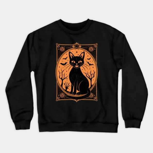 

Autumn Winter Cotton Crew Neck Sweatshirt with Elegant Halloween - Cat Graphic Great Pick for Enthusiasts of Festive and Stylish