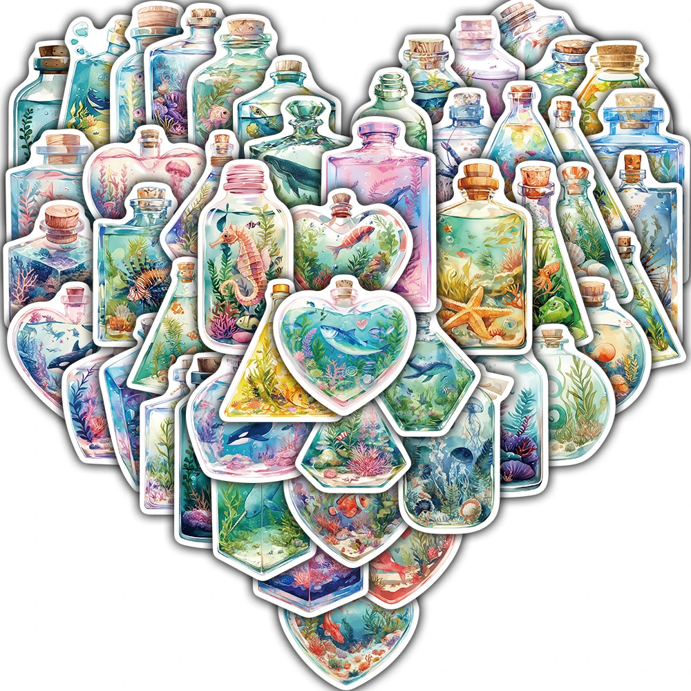 50 Uds. Pegatina del mundo submarino del mundo en una botella, pegatina decorativa creativa para ordenador portátil, bicicleta, monopatín, teléfono, arte, motocicleta