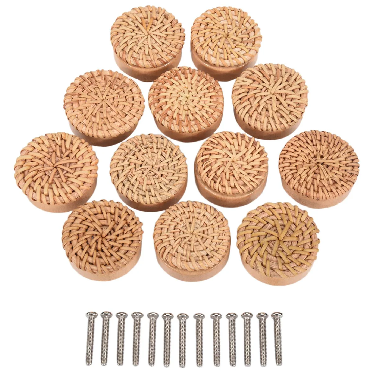 Boho Rattan Dresser Knobs Round Wooden Drawer Knobs Handmade Wicker Woven and Screws for Boho Furniture Knobs 12Pcs