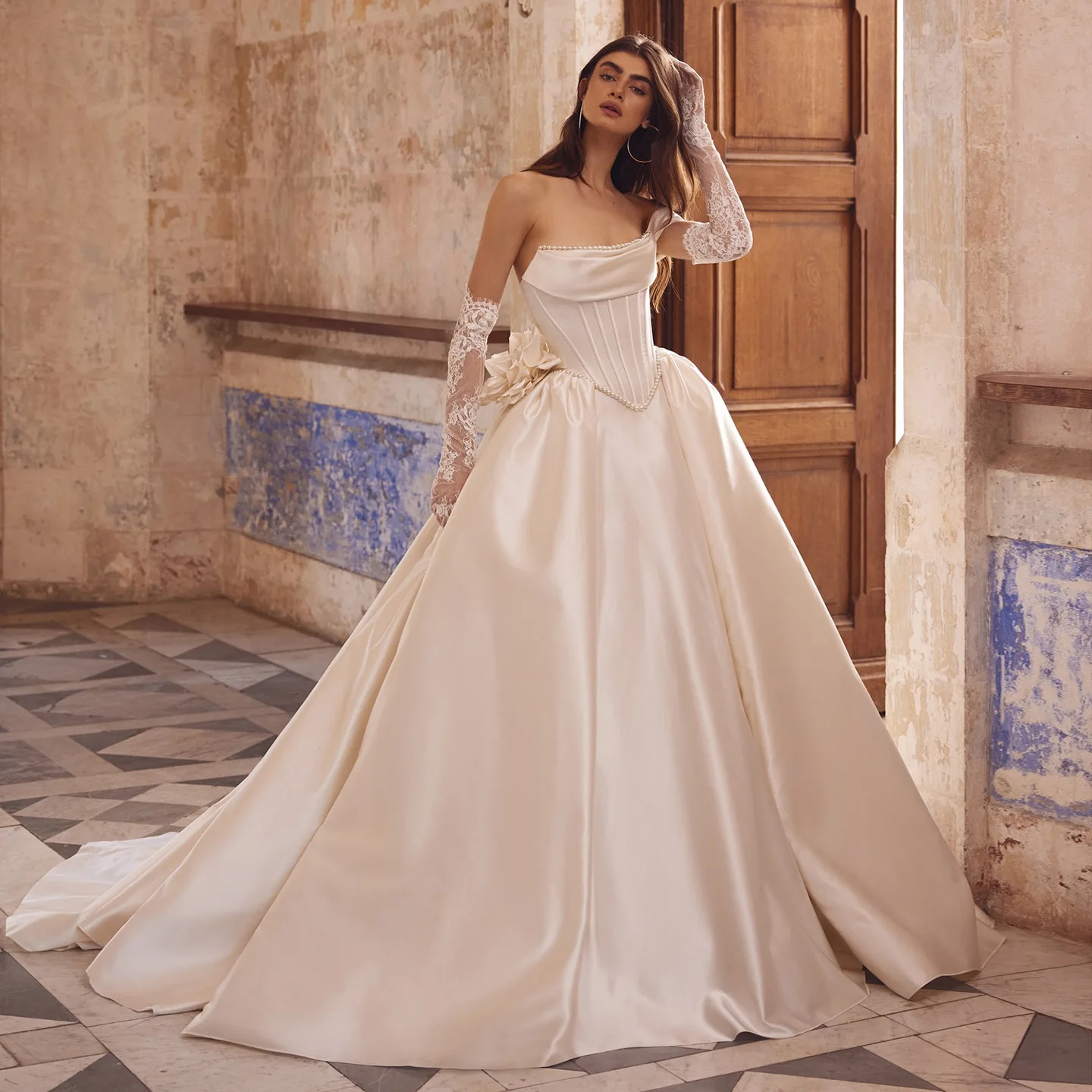 

Sharon Said Elegant 3D Flowers Pearl Satin Off White Wedding Dress 2025 Strapless Corset Ball Gown Bride Gowns SW083 Customized