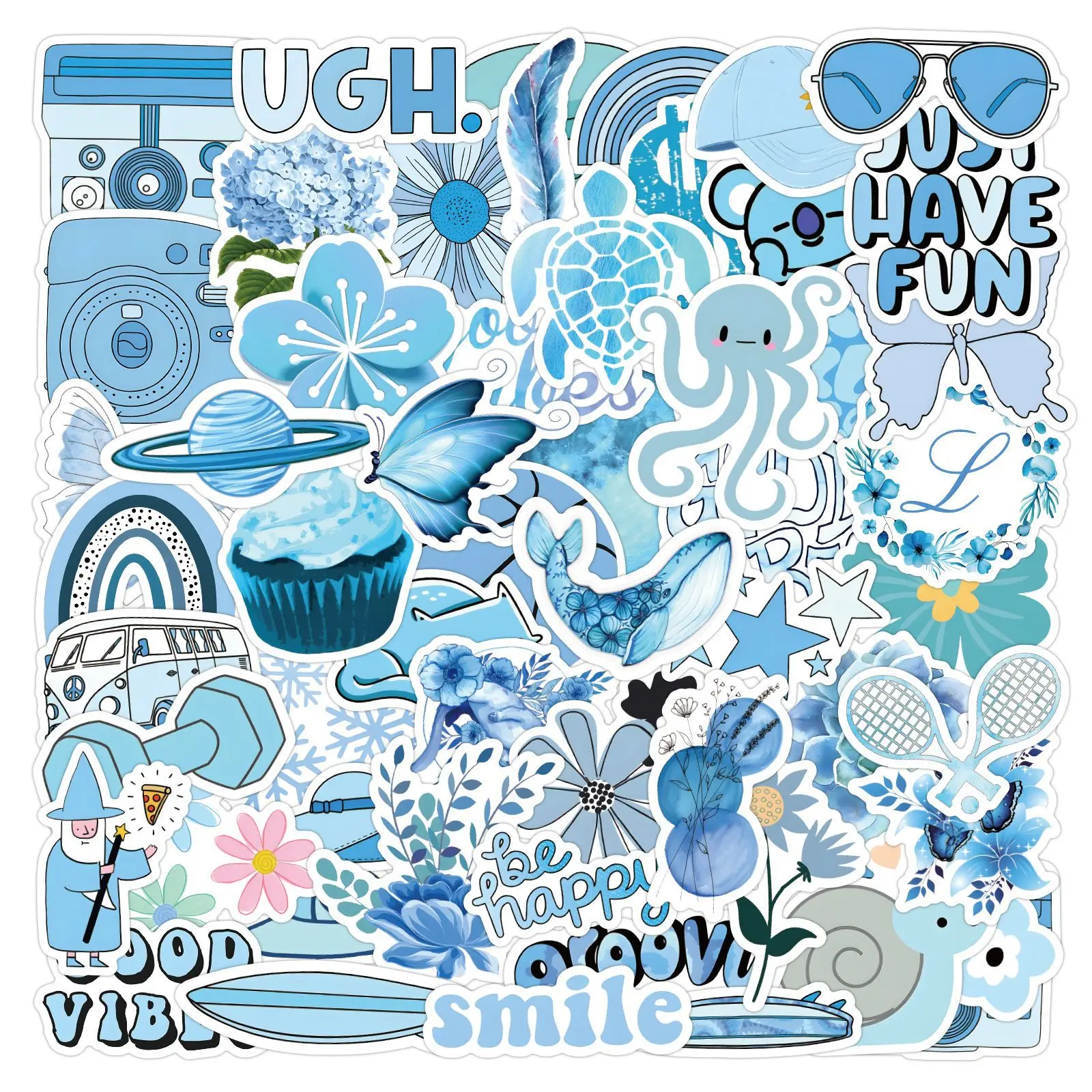 

50Pcs Ins-Style Light Blue Doodle Stickers - Girlish Waterproof Decals for Journal DIY & Decor