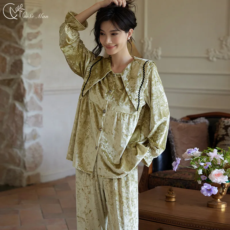 

Velour 2PCS Pajamas Suit Autumn Winter Women Sleepwear Nightwear Lingerie Long Sleeve Shirt&pants pj's Sleep Suit Home Clothes