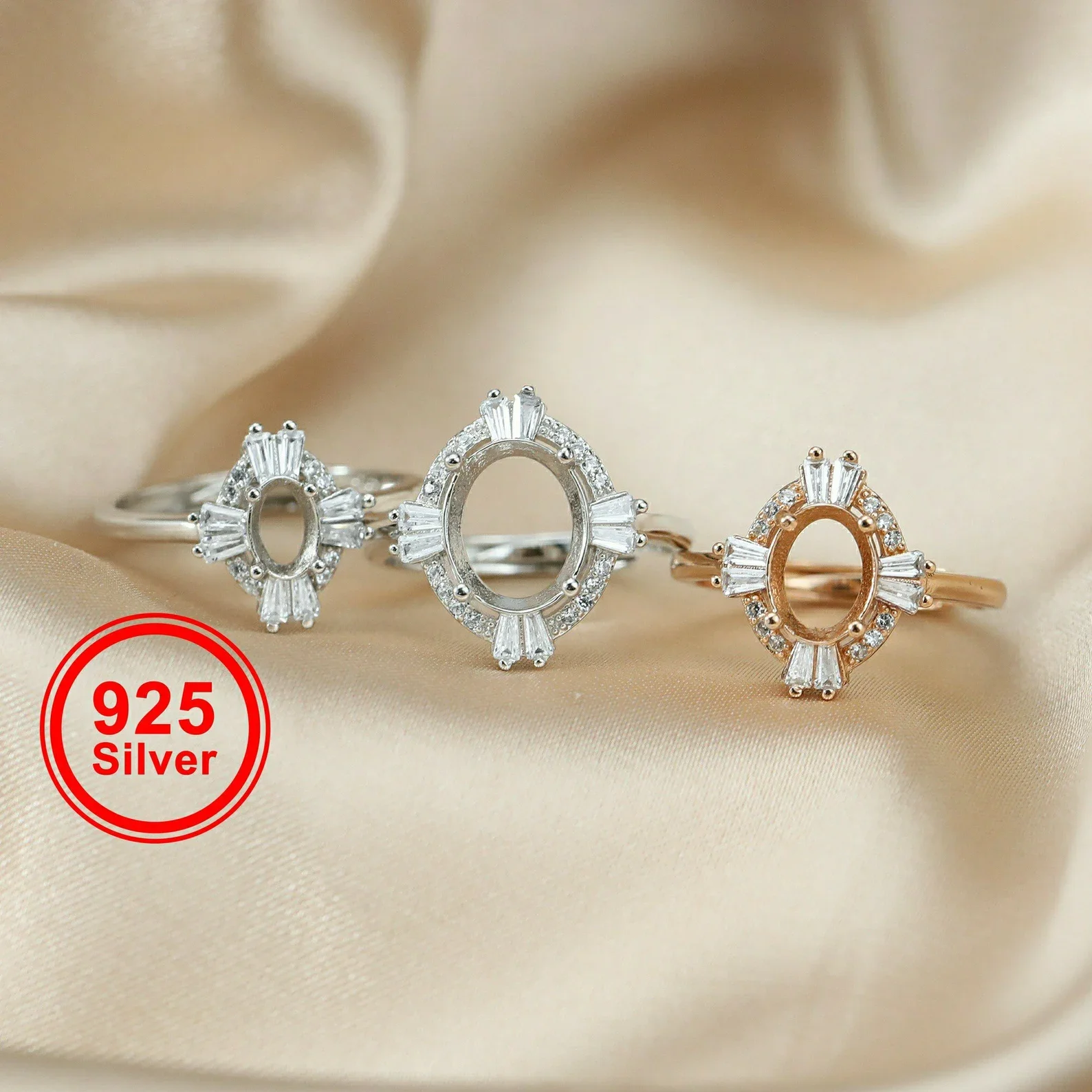 Multiple Size Solid 925 Sterling Silver Rose Gold Tone Oval Prong Bezel Adjustable Ring Settings DIY Supplies 1224008
