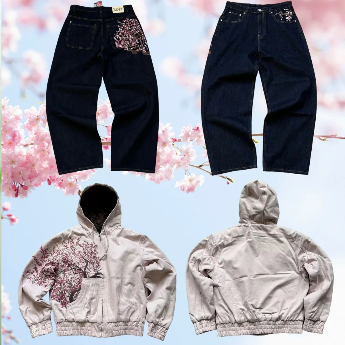 

Casual suit retro low waist hip hop cherry blossom embroidered jeans wide leg pants y2k clothing men's embroidered loose jeans