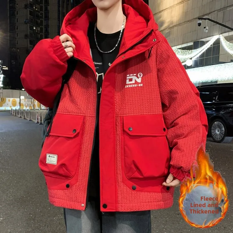 

Мужская модная утепленная флисовая хлопковая куртка с капюшоном, повседневная универсальная рабочая одежда, удлиненная, стандартного кроя, из полиэфирного волокна