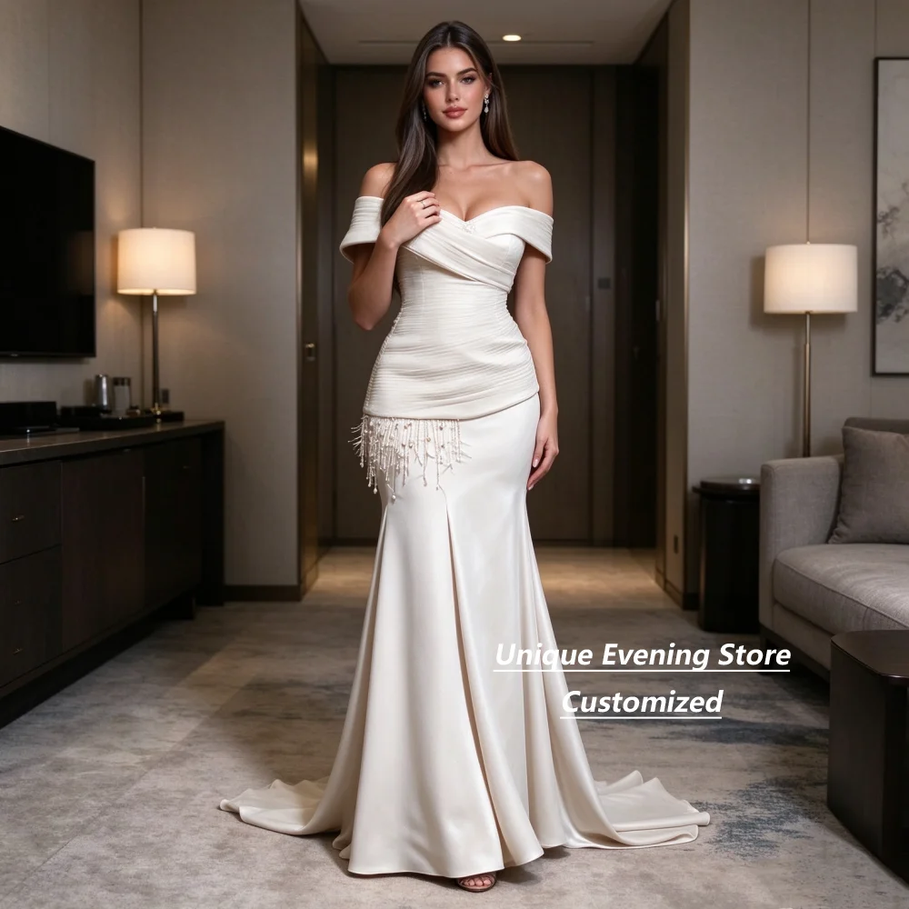 Customized Ivory Off Shoulder Satin Mother of the Bride Dresses Mermaid Gown Pleated Bodice Beaded Tassel Fringe Evening Dress