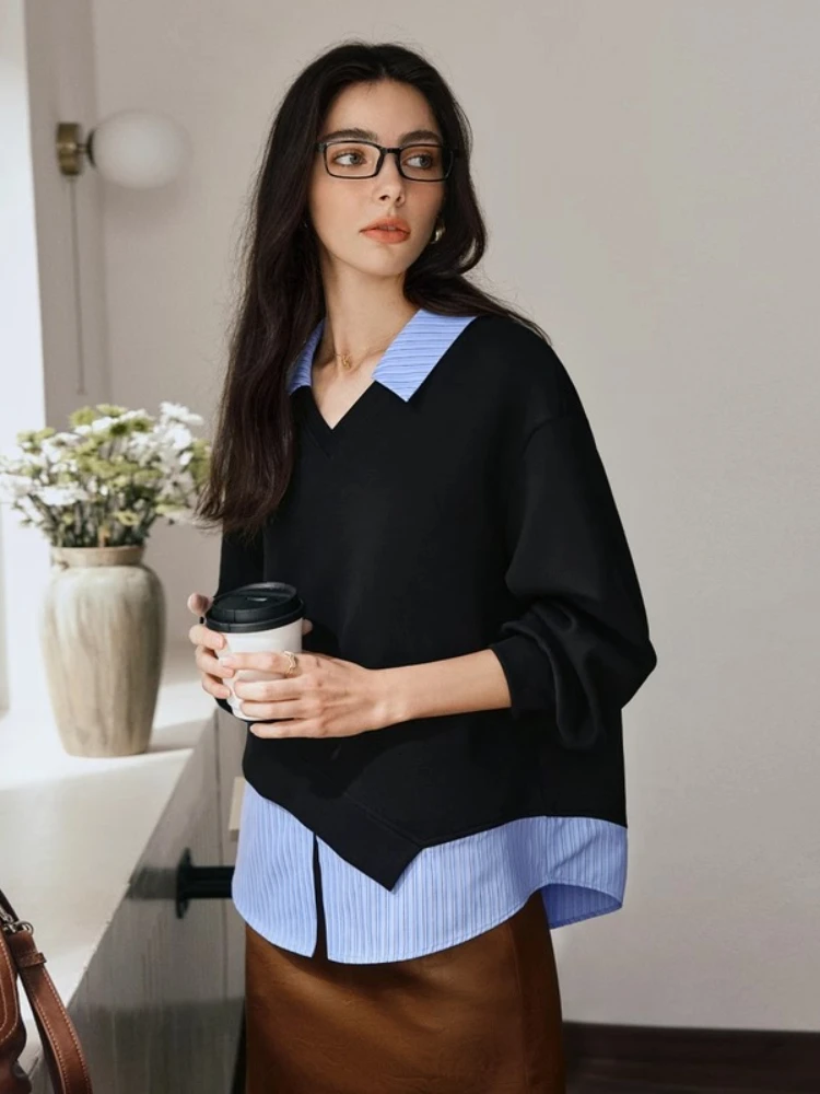 

OLrain Fake Two-piece Sweatshirts for Woman Autumn 2025 New Irregular Tops Turn-down Collar Knitted Pullovers Female O57QR000836