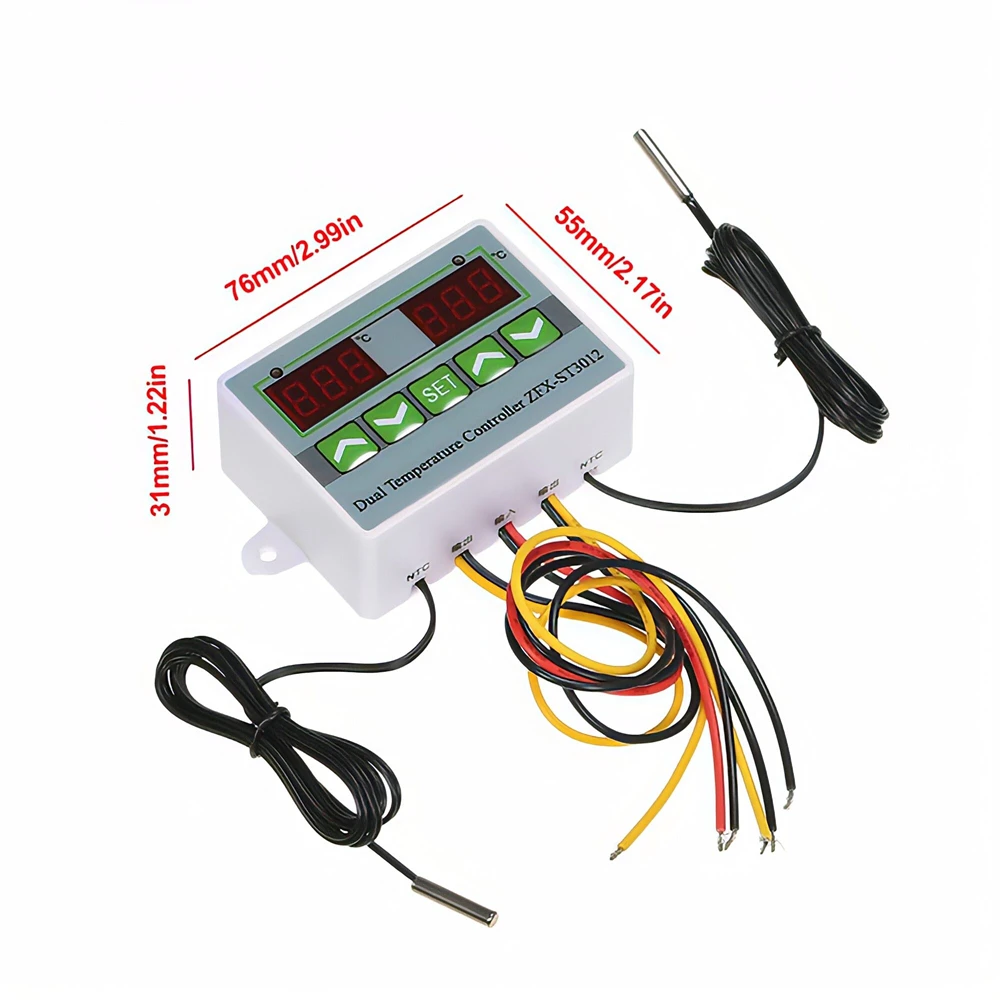 ZFX-ST3012 Dual Temperature Controller Digital Thermostat Incubator Control Microcomputer Dual Probe DC 12V 24V/AC 110-220V