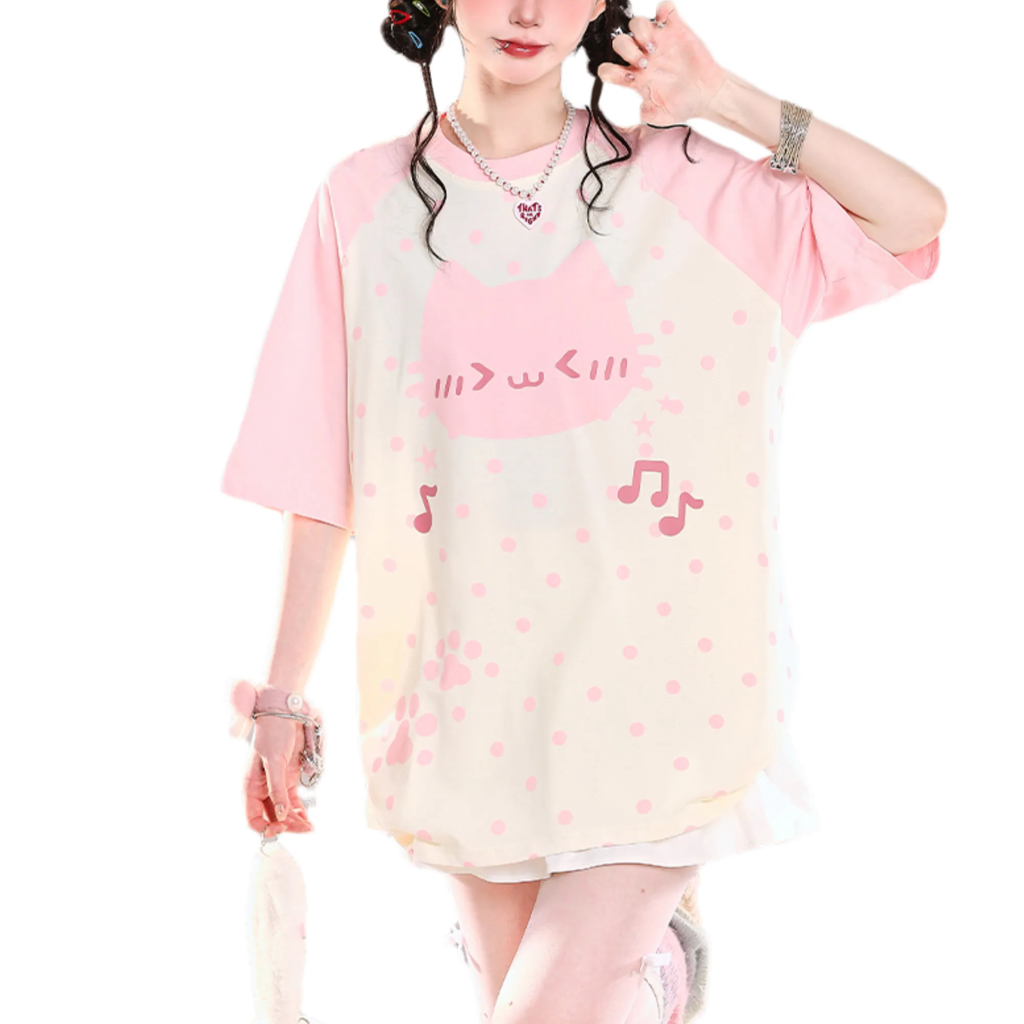 

Summer Tops for Teens Cutecore Clothes Womens Japanese Kawaii Cat Graphic Tees Funny Oversized Casual T Shirts Black Pink Blue