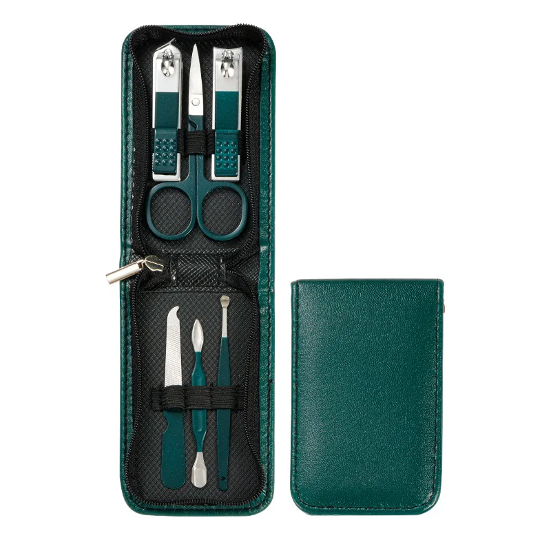 Green 6 Pcs Manicure Set With Leather Case Professional Foot And Face Care Tool Kits Stainless Steel Nail Clipper Sets Gift