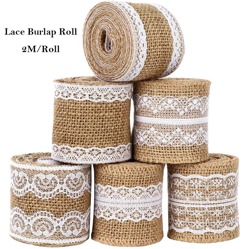 2M/Roll 5CM Natural Jute Burlap Rolls Hessian Ribbon with Lace Vintage Rustic wedding Decor Ornament Party DIY craft Supplies