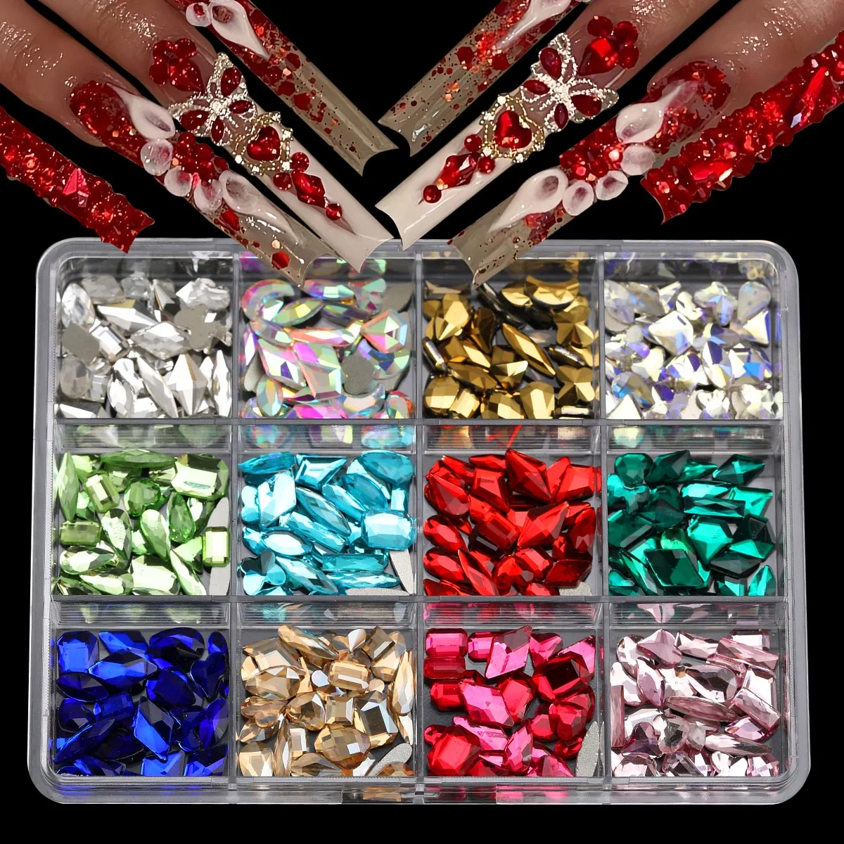 2 صندوق 12 شبكة أحجار الراين الزجاجية المسطحة 12 أشكال مختلفة مجوهرات مختلطة متعدد الألوان متعدد الألوان صنبور دائري مختلط ومتعدد #3
