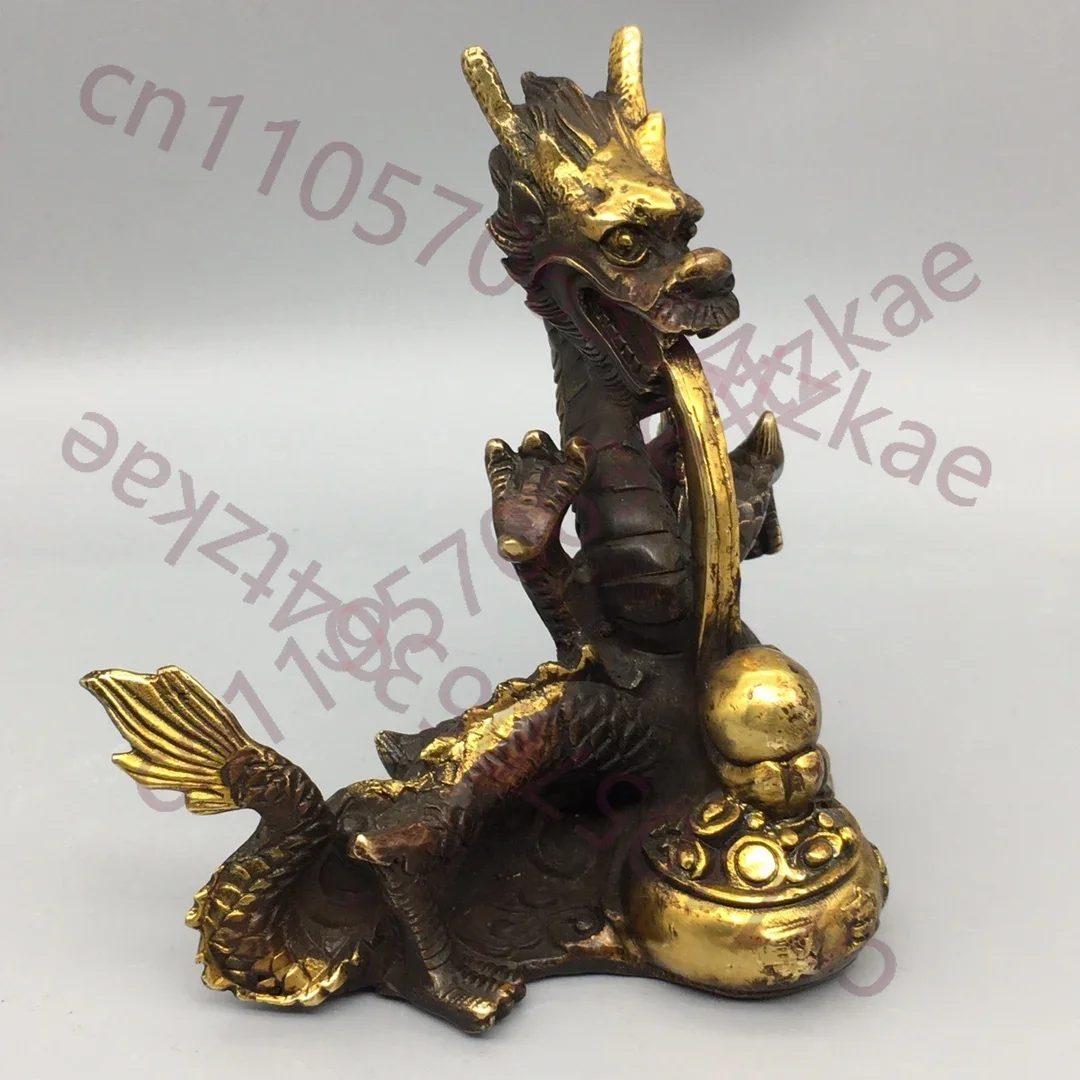Chinese Folk Collection Old Pure copper Gilded Treasure Pot Dragon Ornament Collection- Handcrafted Artifacts for Home Decor