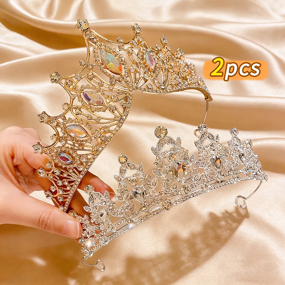2Pcs Fashion Vintage Baroque Gold Tiara Set AB Clear Rhinestone Crowns Luxurious Bridal Headwear Weddings Proms Pageants
