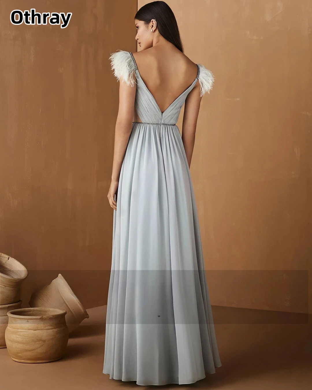 Othray-Robe de Soirée en Mousseline de Soie pour Femme, Col en V, Ceinture Perlée, Plumes, Élégante, Tenue de Luxe, Formelle, Longue