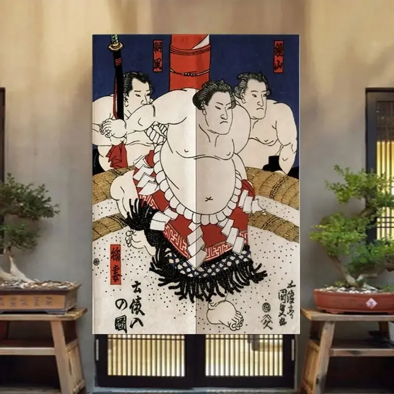 VIKAMA Ukiyo-e Sumo Print Door Curtain Japanese Art Style Short Curtain Room Divider for Kitchen Dining Room Doorway Decor