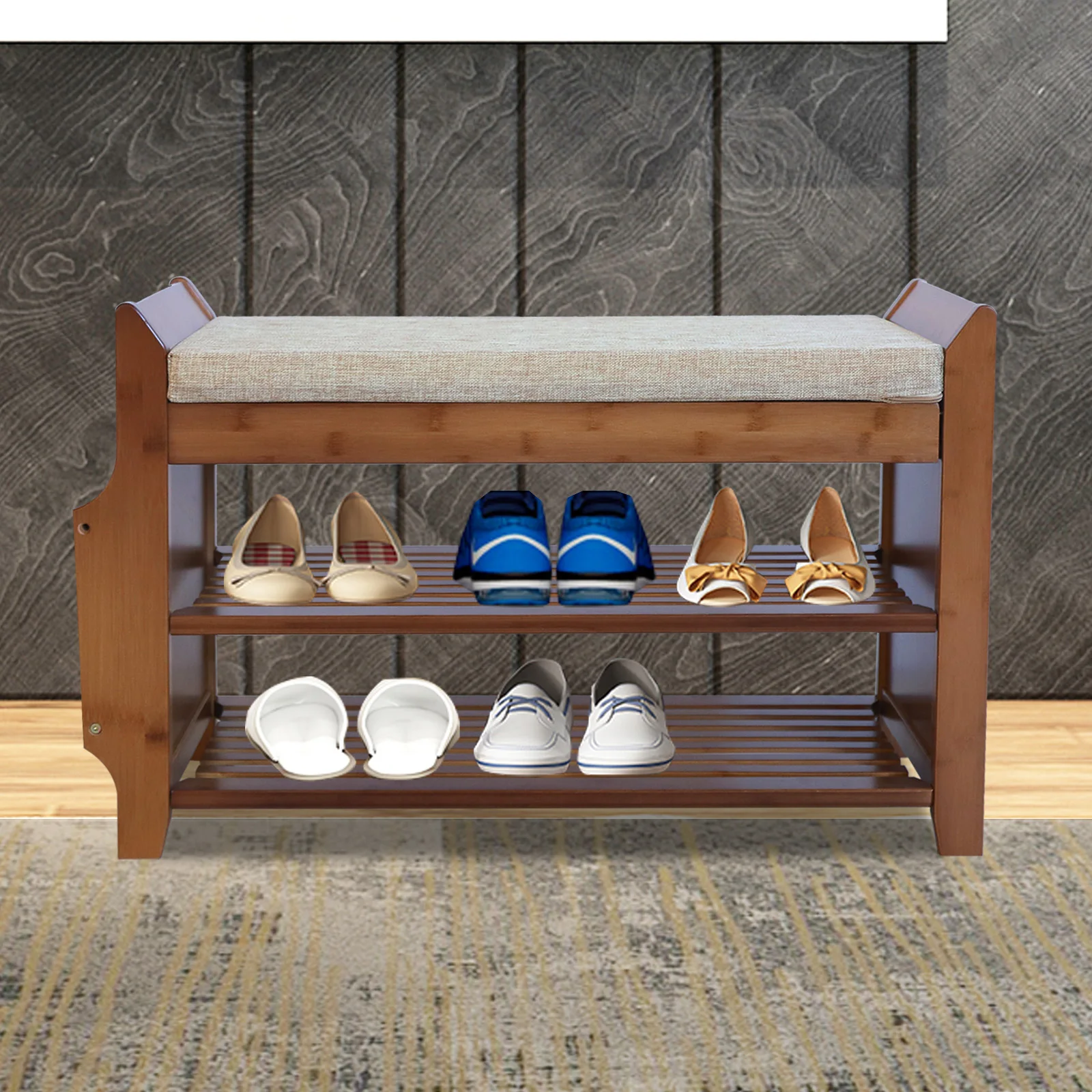 LOYALHEARTDY 2-Tier Entryway Bamboo Shoe Bench with Seat Removable Cushion Shoes Rack Organizer Home Cabinet Shelf