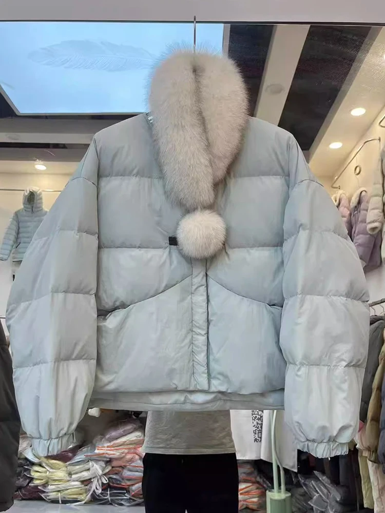 Veste en duvet de canard blanc pour femme, version coréenne, écharpe en renard à la mode, col en fourrure, style court, nouvelle collection hiver 2025