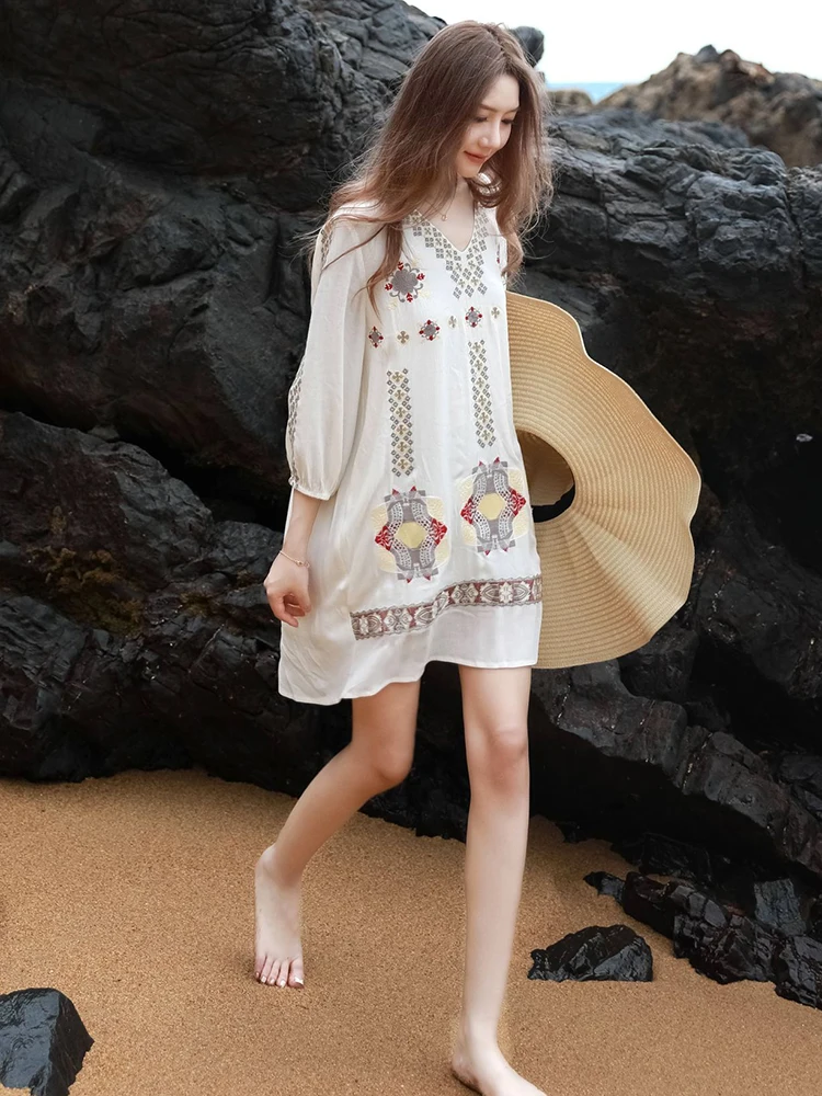 2024 Spring And Summer 3/4 Sleeve V-neck Embroidered Dresses For Women Bohemian Ethnic Casual Beach Style Short Dress