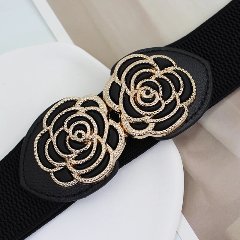 Wide Elastic Waist Belt para senhoras, Retro Flower Shape Buckle, Acessórios de vestuário, Decoração do partido, Vestidos