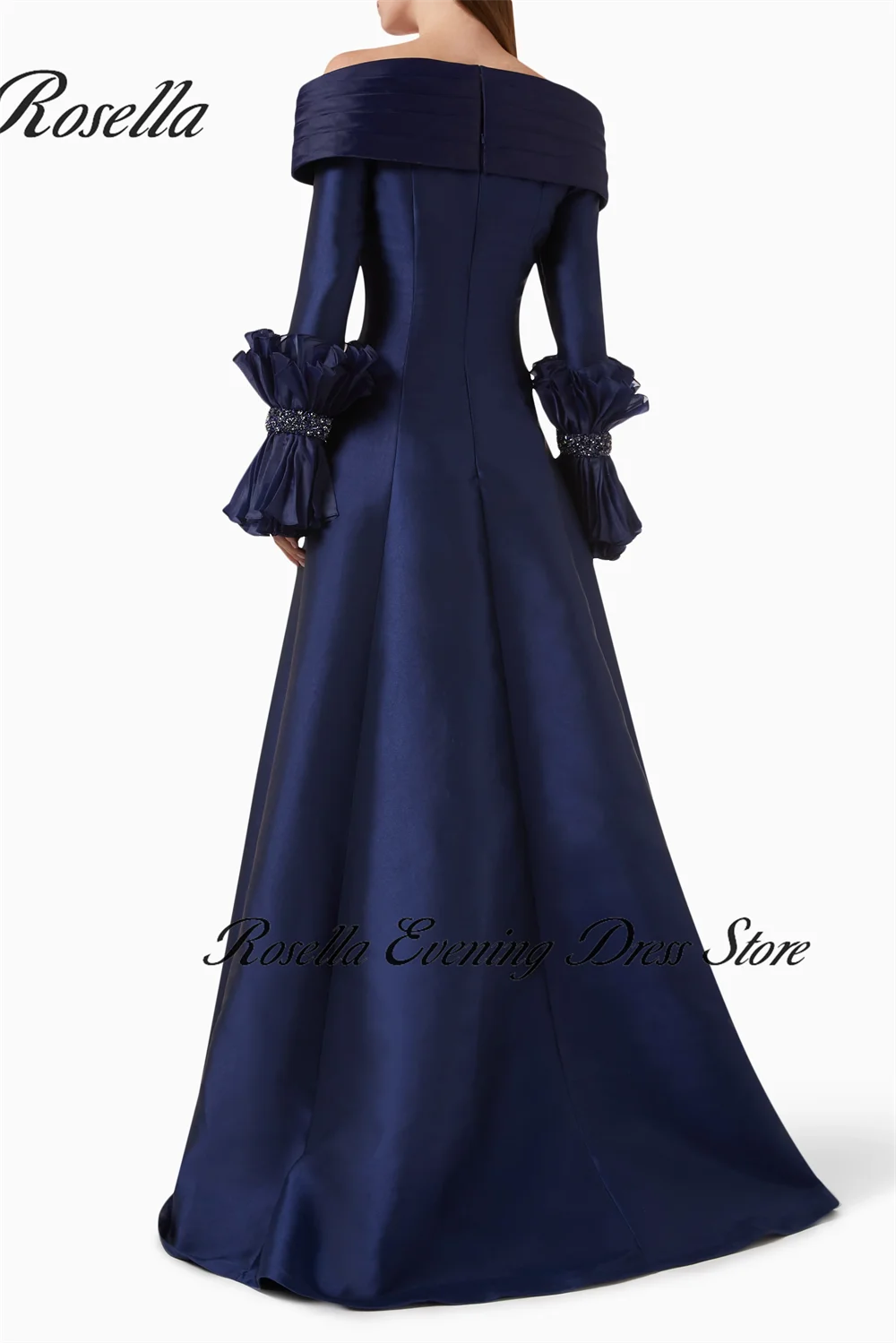 ROSELLA Navy Blue Off Shoulder Prom Dress with Beading Sleeves Evening Gowns A Line Robes De Bal Vestidos Arab New 2024