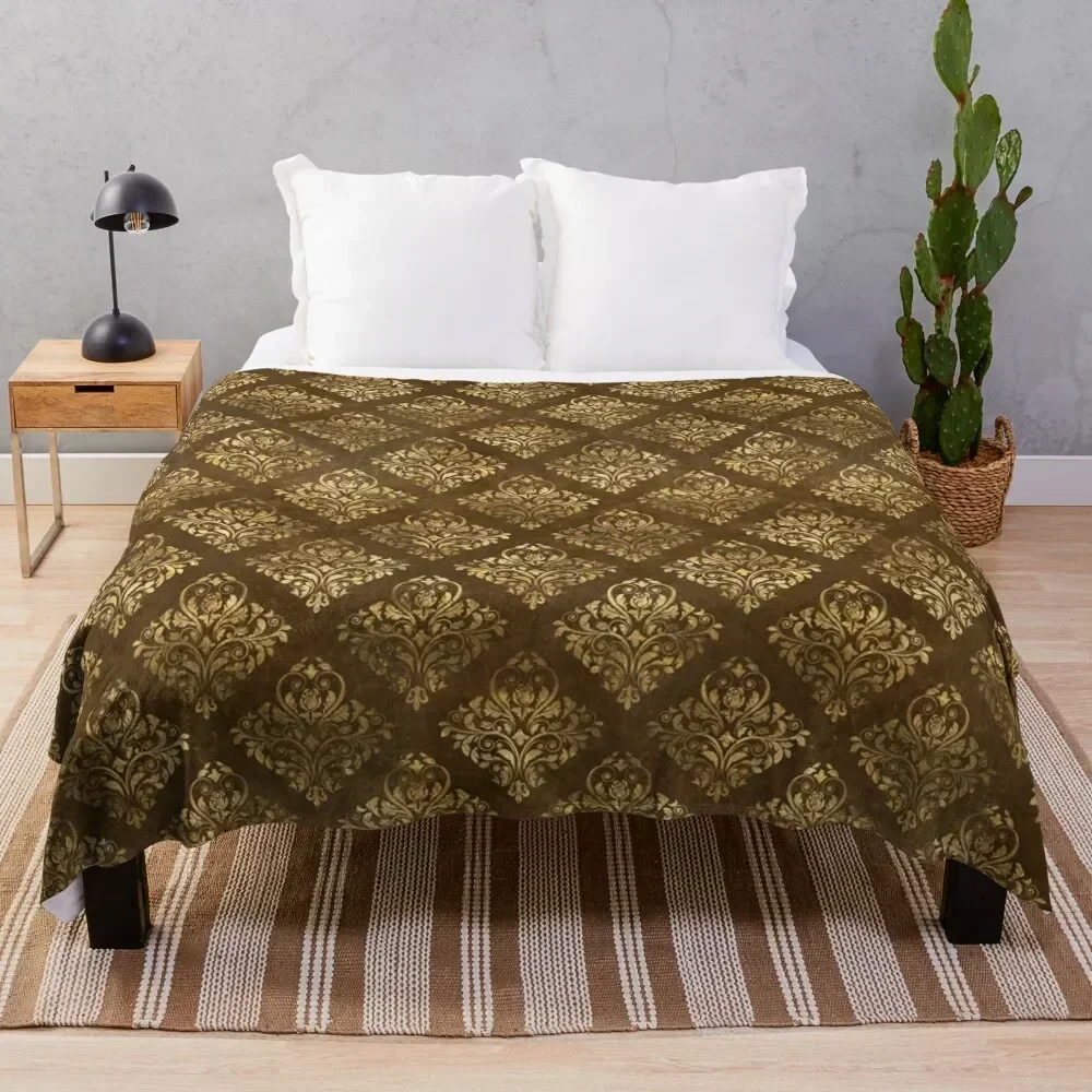 

Gold damask on a brown background Throw Blanket Cozy Home Blanket Gift for Christmas Holiday