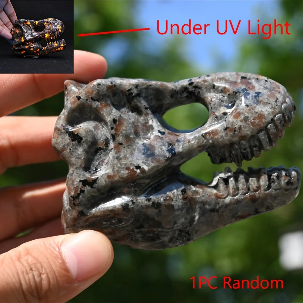 1pc Yooperlite Carved T-Rex Skull, UV Reactive Crystal Quartz Dinosaur Figurine, Home & Office Decor Ornament