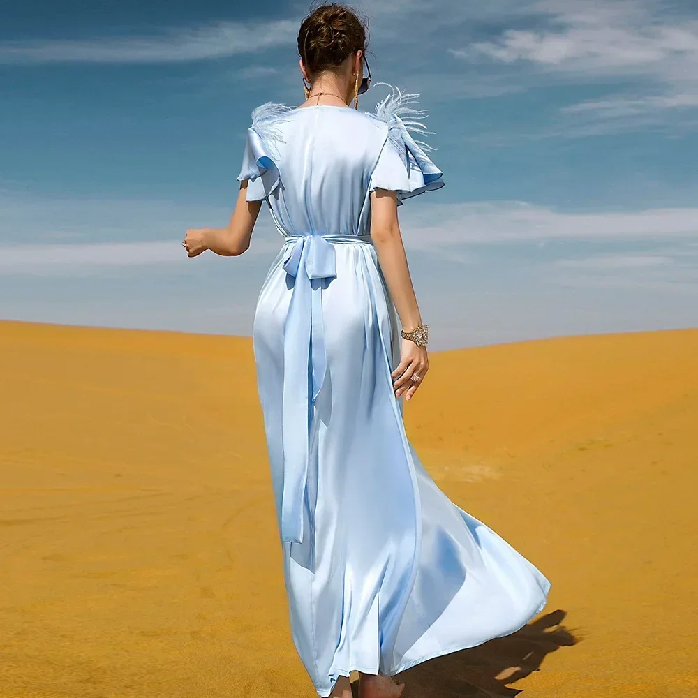 

Feather Satin Diamonds Abayas for Elegant Women Muslim Dubai Dresses Turkey Morocco Jalabiya Evening Wedding Party Gown Vestidos