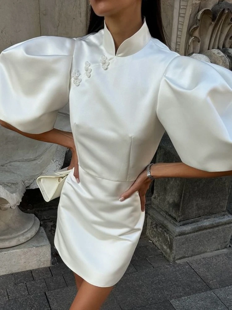Mulheres de luxo gola puxar manga branco vestidos de festa 2025 outono senhora elegante cintura alta túnicas magro curto vestido de noite