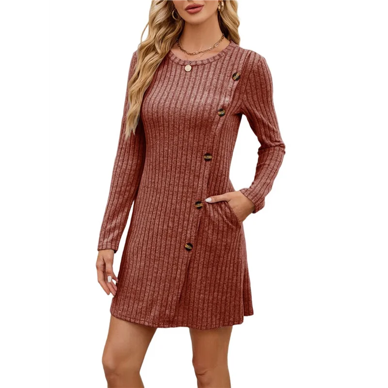 

ABUM-платье с длинными рукавами для женщин, туника, платья-свитер с карманами, модные пуговицы, боковой кирпично-красный L