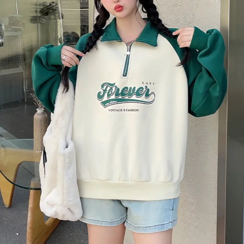 Autumn and Winter Women's Standing Neck Zipper Pullover Colorblock Printed Sweater Casual Sports Fashion Long Sleeve Tshirt Tops