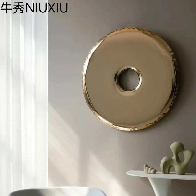

Modern light luxury stainless steel donut wall decoration mirror metal painting hotel model room sofa background