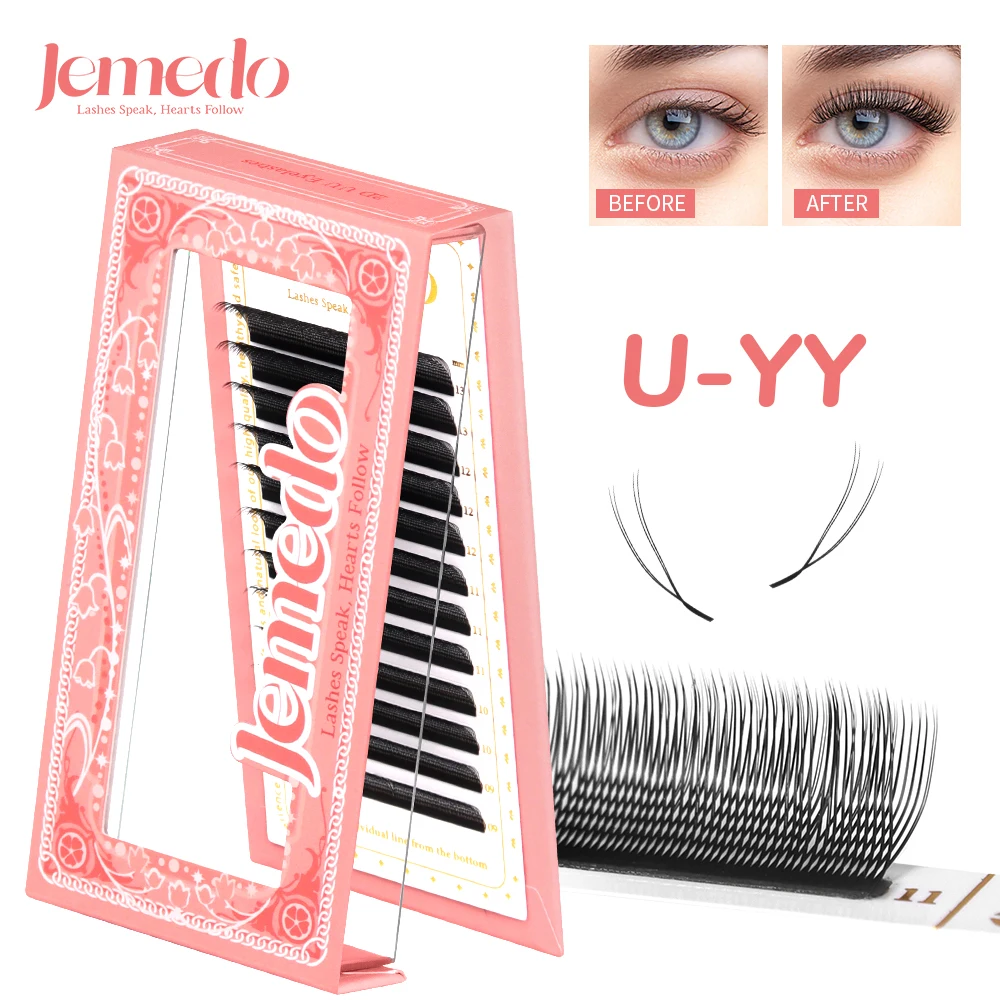 JEMEDO U-Shape YY Eyelashes Extension C/D/M Curl Narrow YY Eyelash Extension Natural Split Tips Premade Volume Lashes For Makeup