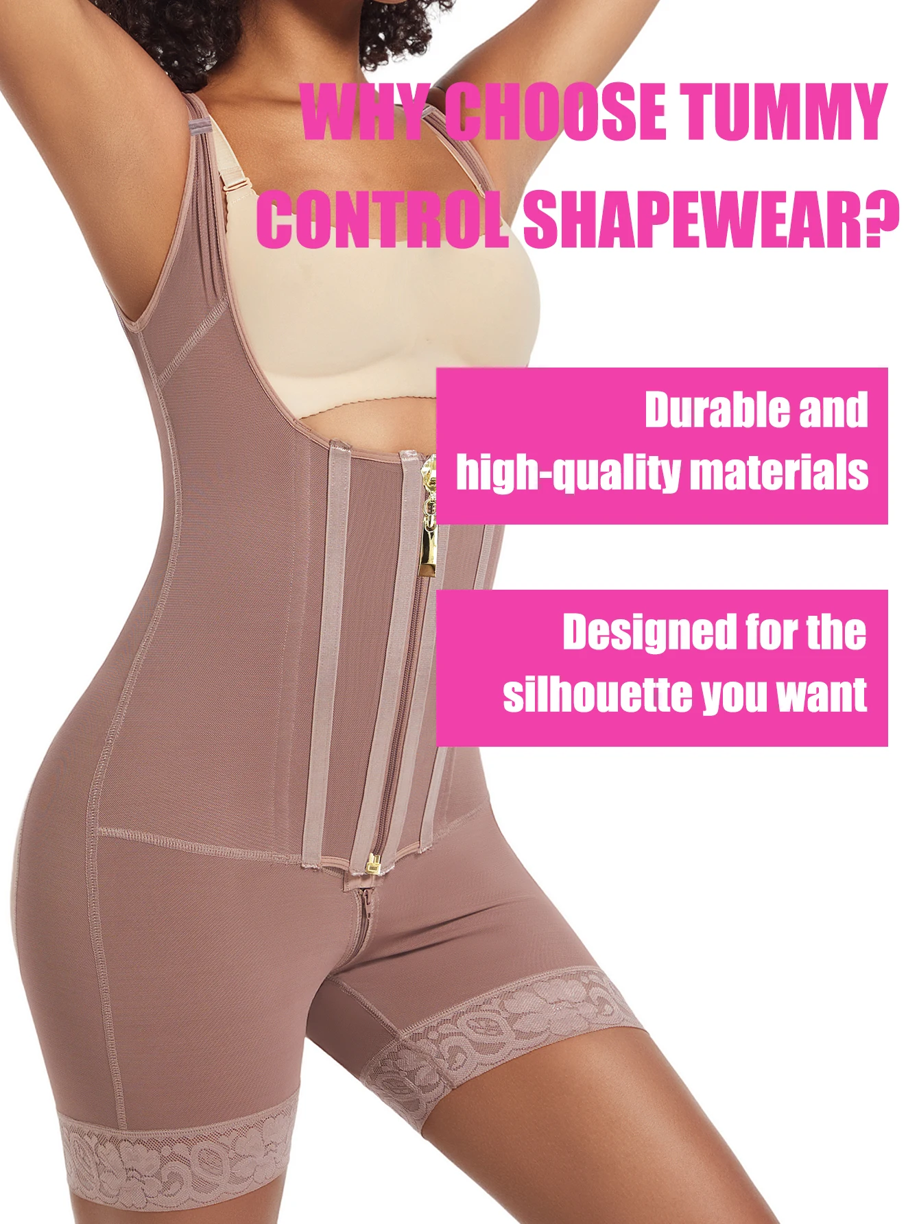 Women's Lace-Trimmed Shapewear Bodysuit High Compression Belly Control Corset with Adjustable Straps & Zipper