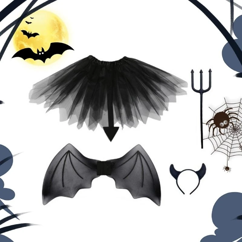 مجموعة أزياء الأميرة R1WE للفتيات بألوان قوس قزح، إكسسوارات أزياء الهالوين الشيطانية للأولاد والبنات والحفلات التنكرية