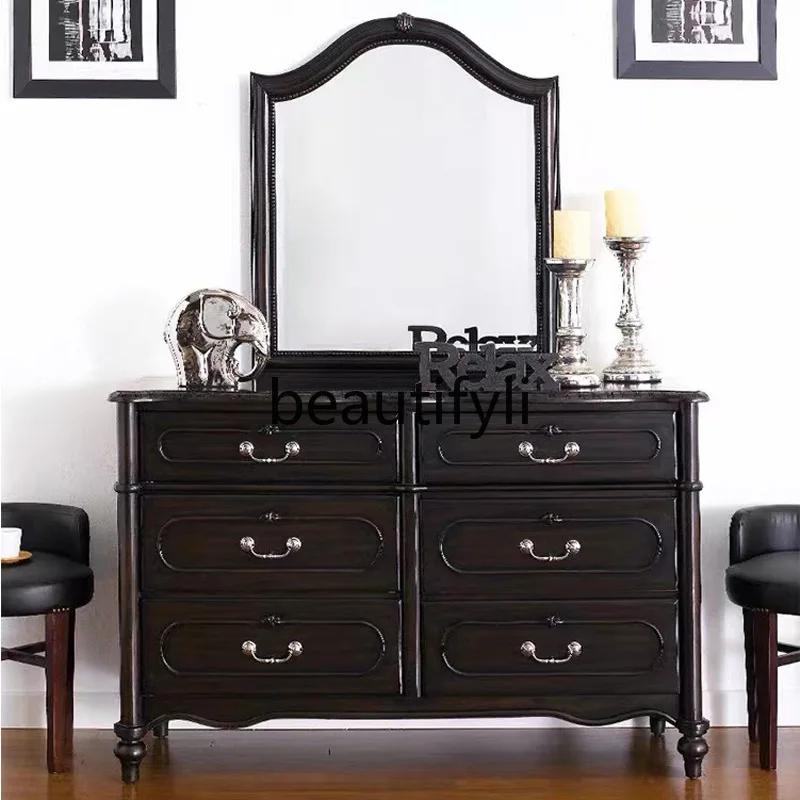 

French American Country Style Solid Wood Carved Bedroom Furniture Solid Wood Design Simple Storage Cabinet Dressing Table