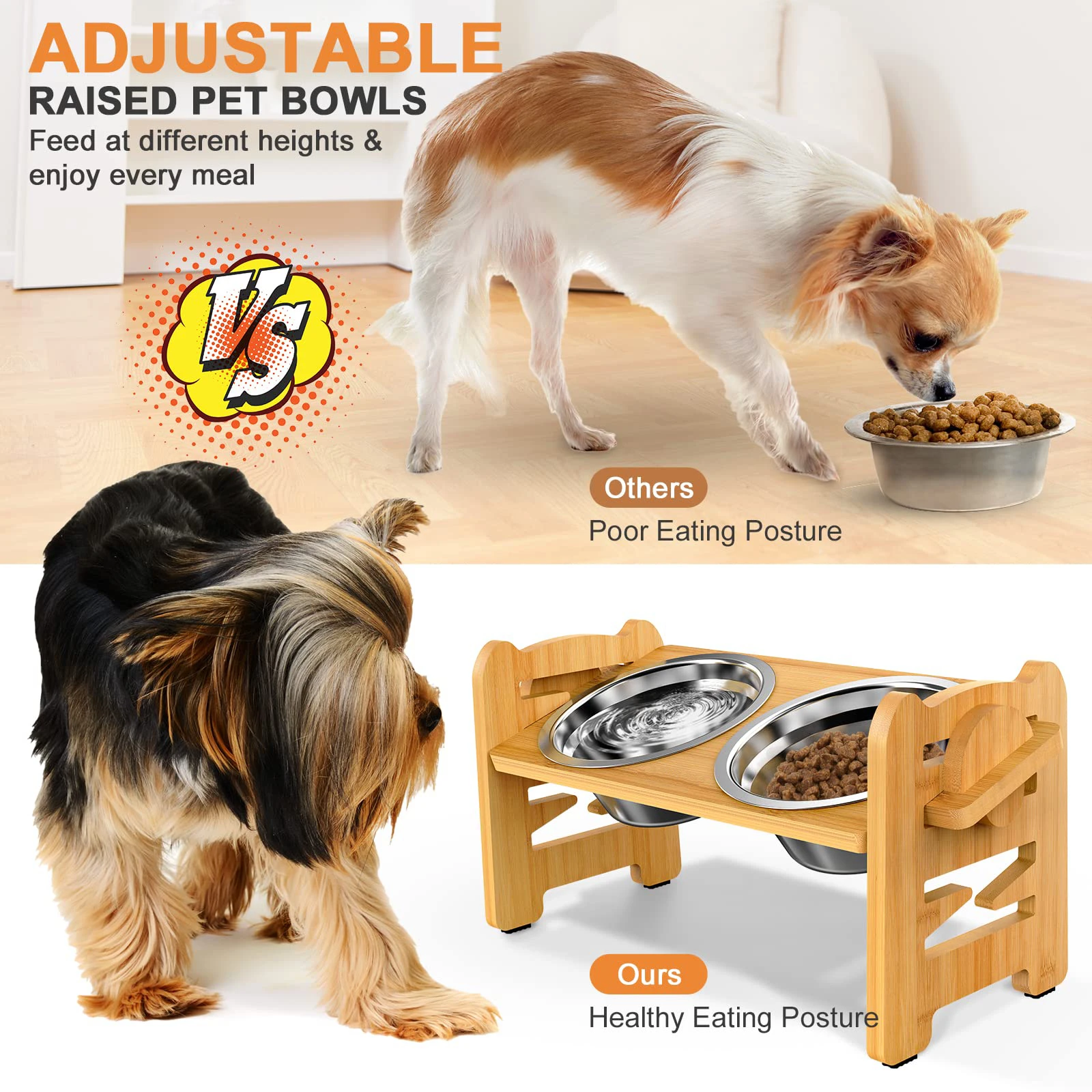 Pet Dog Bowl Feeding and Water Elevated Adjustable Dogs Cat Feeder Stand with Stainless Steel Food Bowls Puppy Dog Accessories