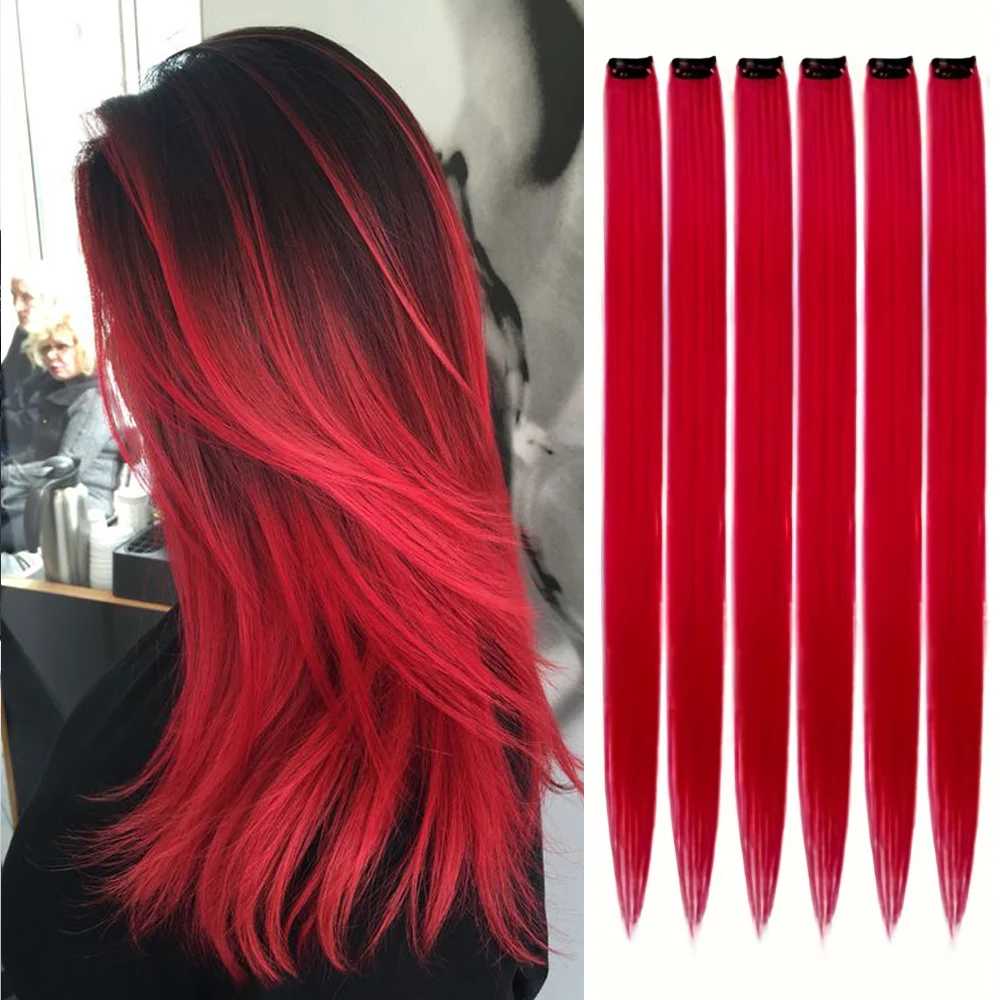 

6pcs/pack Clip in Hair Extensions Colored Party Highlights for Girls 22 inches Multi-colors Straight Hair Synthetic Hairpieces