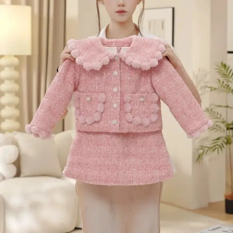 New Girls Clothing Sets Winter Warm Fleece Lined Jacket + Dress 2PCS Kids Fashion Elegant Princess Outfit