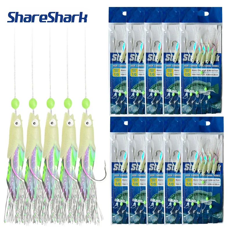 

ShareShark 10 шт. светящиеся крючки с рыбьей головой, подходят для морской и пресноводной рыбалки, 1 шт. из 5 крючков, подходят для пухлоба