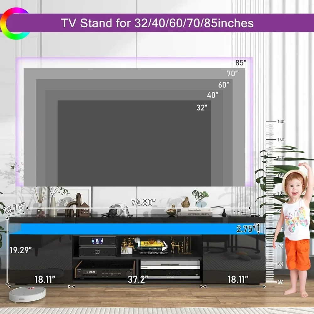 حامل تلفزيون LED لتلفزيون 85 بوصة، حامل تلفزيون ألعاب حديث مع مخرج طاقة، وحدة تحكم تلفزيون عالية اللمعان مع مساحة تخزين