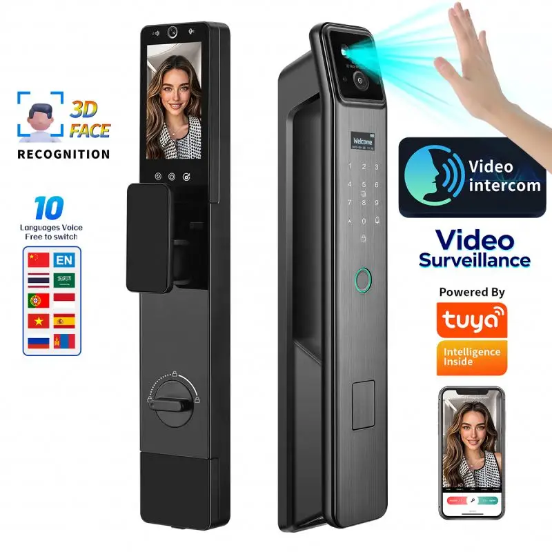 Handily  Factory Tuya Smart Lock with 2  s  Russian Voice 3D Face Recognition Card Fingerprint Palm Unlock for Main Door