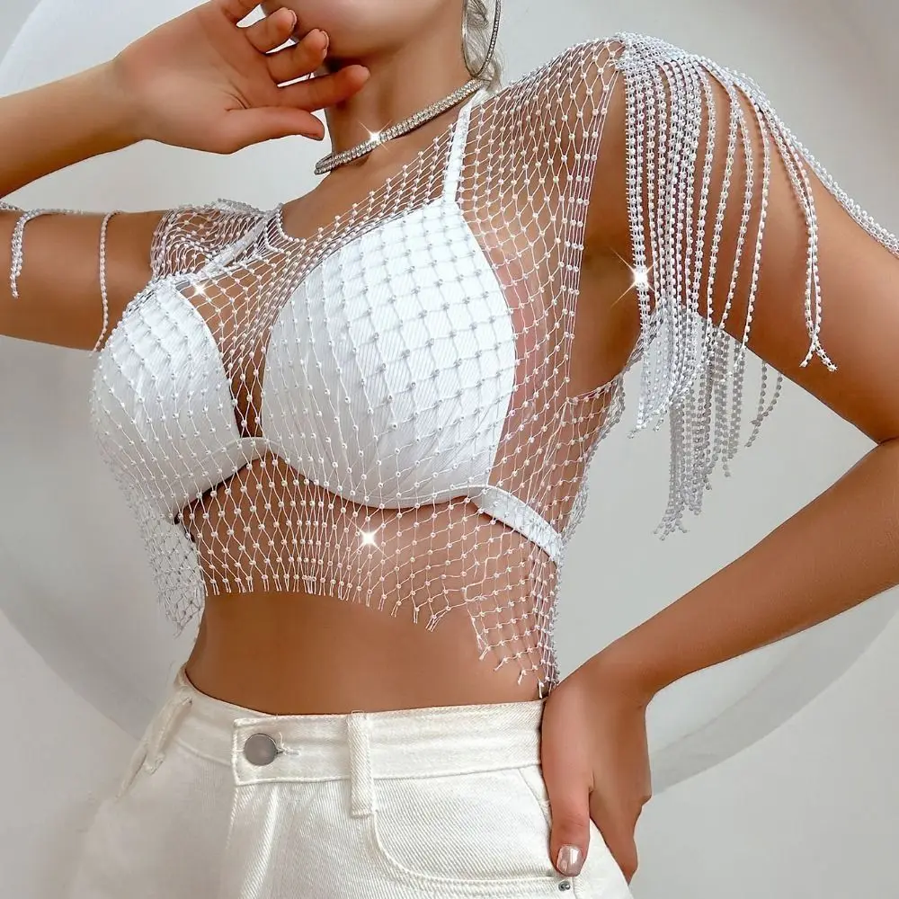 タッセルショール付きフィッシュネットグリッタートップ、ラインストーンセクシーアピール、ラインストーンフィッシュネットトップ、メッシュドリルメッシュ