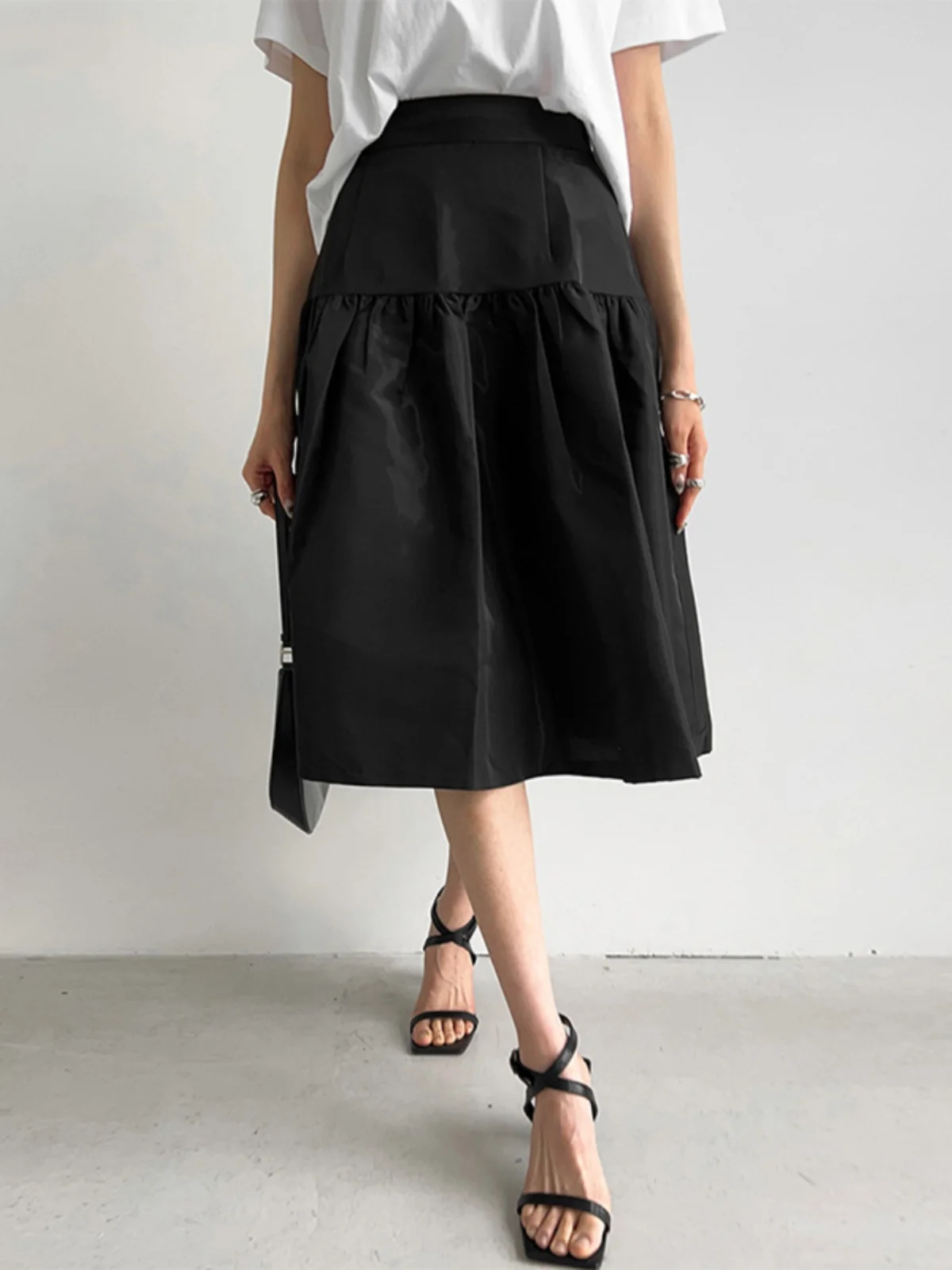 

Black A-Line Midi Skirt High Waist Cover Hip Spring Summer New Style Commuter Korean Style Polyester Fiber Micro Elastic