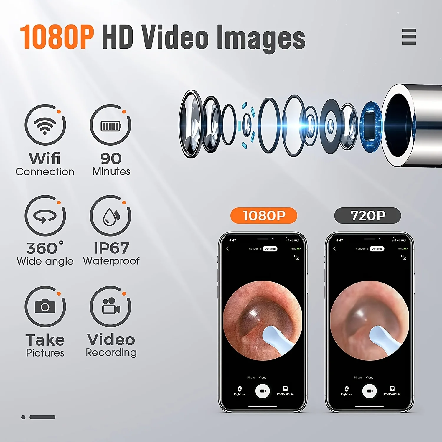 Entfernung von Ohrenschmalz, Ohrkamera, Kamera zum Entfernen von Ohrenschmalz mit 1080P, Otoskop mit Licht, Ohrenschmalz-Entfernungsset mit 6 Ohrstöpsel, E