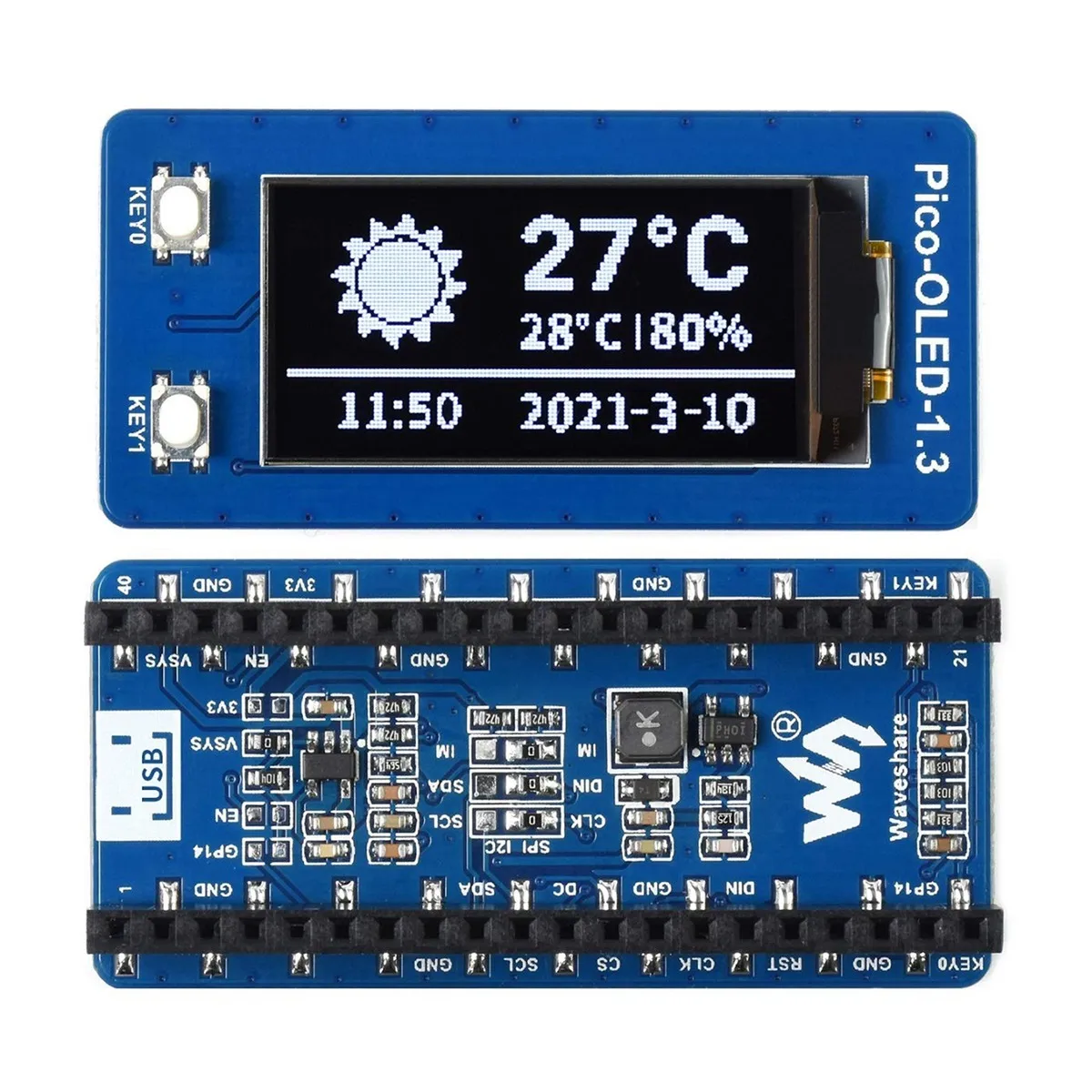 Waveshare แผงควบคุมไมโครคอนโทรลเลอร์64X128พิกเซลสำหรับ Raspberry Pi Pico, ไดร์เวอร์ SH1107แบบฝัง