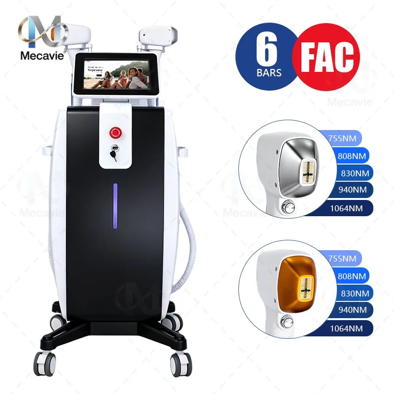 Mecavie 5000W Diode Laser Hair Removal Machine 5 Wavelengths 10 Bars FAC Sapphire Cooling Dual Handle Emergency Stop Salon Beaut