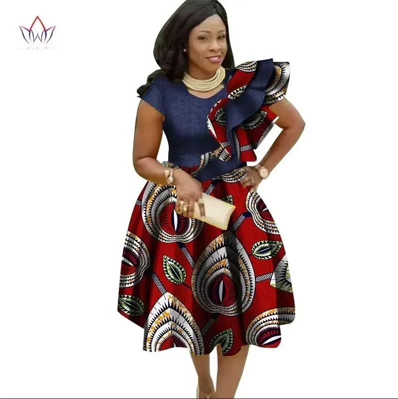 Summer Bazin Riche African Dresses for Women Dashiki Print Ruffles O-neck Dresses Vestidos Women African Clothing WY2756