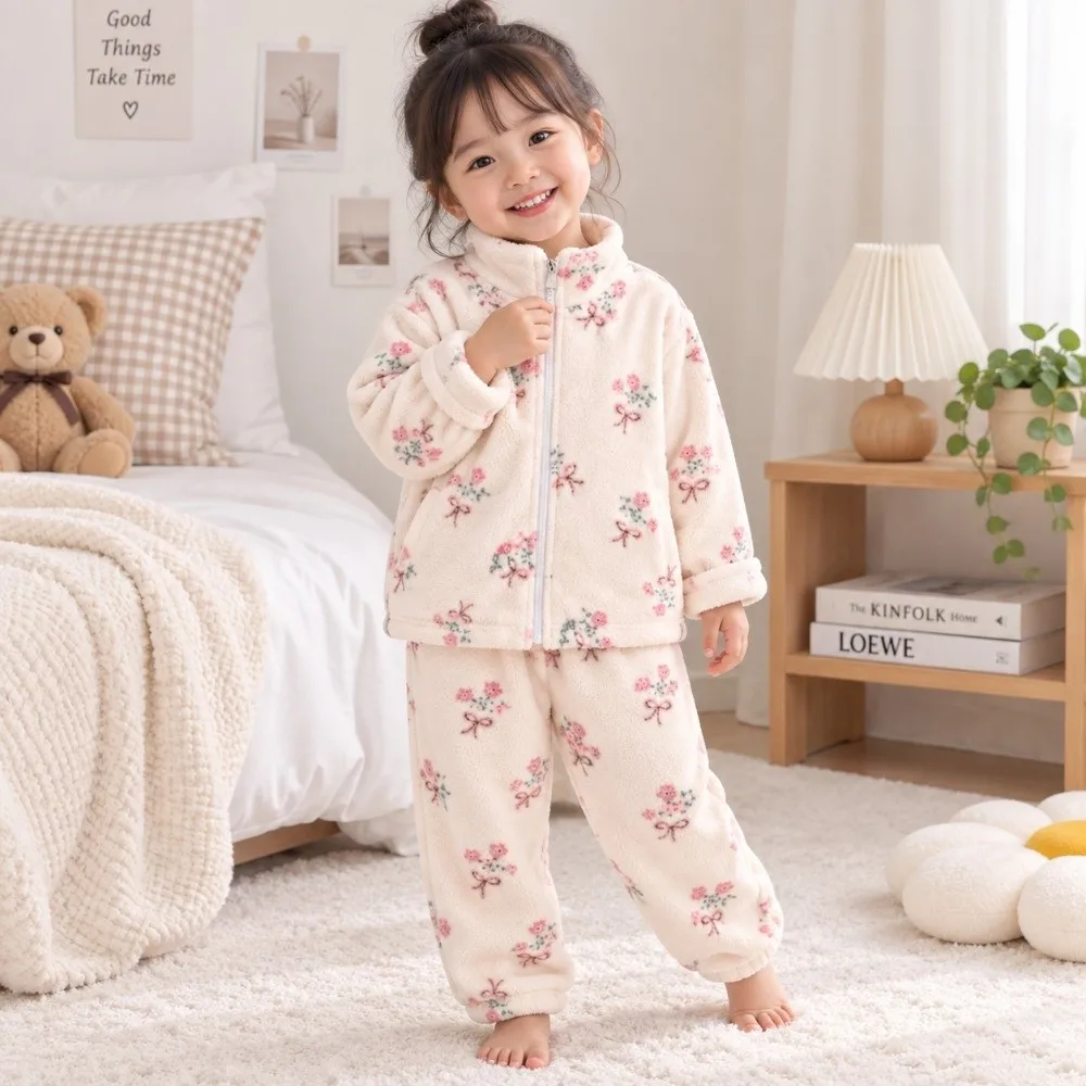 Warm Floral Print Flannel Pajamas Sets Leopard Print Zipper Coat+Pants Kids Pajamas Sets Casual Zipper Pajamas Sets Home Wear